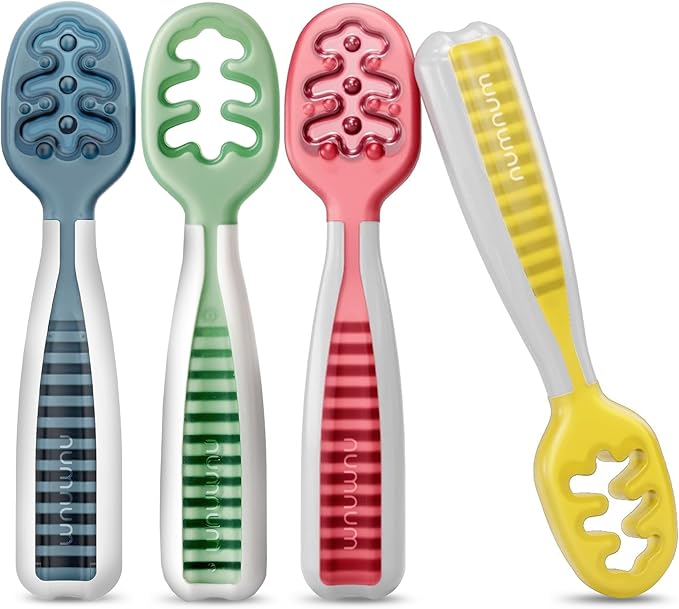 NumNum Baby Spoons Set, Baby Essentials Pre-Spoon GOOtensils for 6+ Months, First Stage Self-Feeding Spoons for Baby Led Weaning (BLW), Silicone Toddler Utensils, BPA-Free, 4 Pack Classic Colors