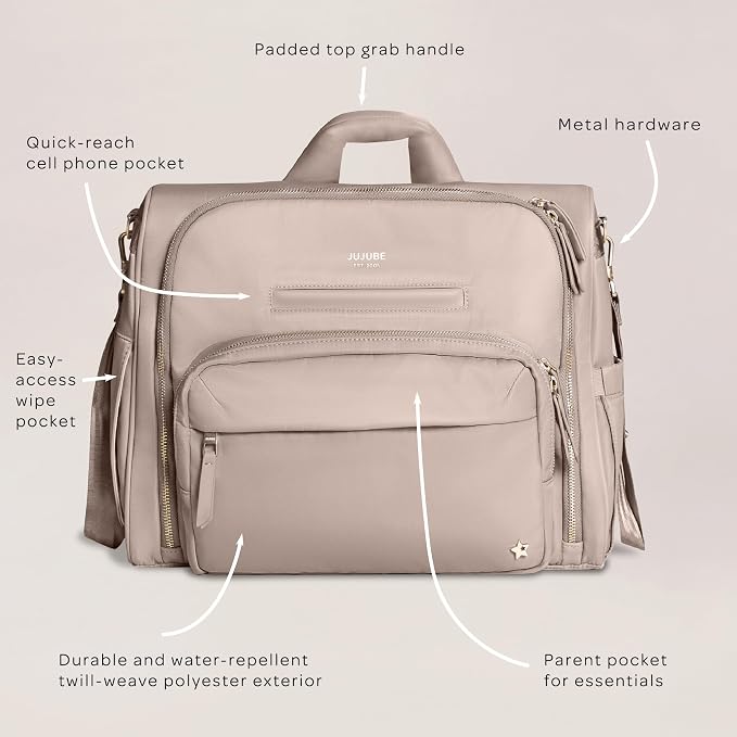 JuJuBe New Satchel Diaper Bag, Convertible Diaper Bag with Portable Changing Pad, Travel Backpack, For Carrying Baby Bottles, Baby Wipes, Diapers, Pacifiers, Snacks, Taupe, Mother's Day Gift
