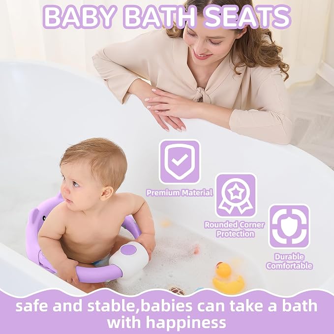 Baby Bath Seat for Babies 5-10 Months, Non-Slip Toddler Bath Seats for Babies Sitting Up, Safe Infant & Newborn Bathtub Chair with 4 Suction Cups & Soft Cushion for Shower,Lavender