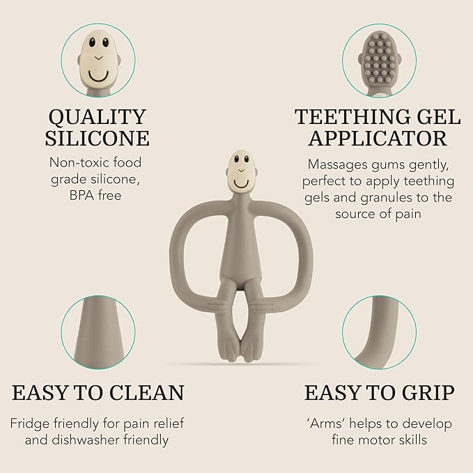 Matchstick Monkey Original Teether & Gel Applicator ??Silicone Baby Teether, Easy-to-Grip, BPA-Free, Supports Self-Soothing & Early Brushing, 3 Months+, 4 Inches, Grey