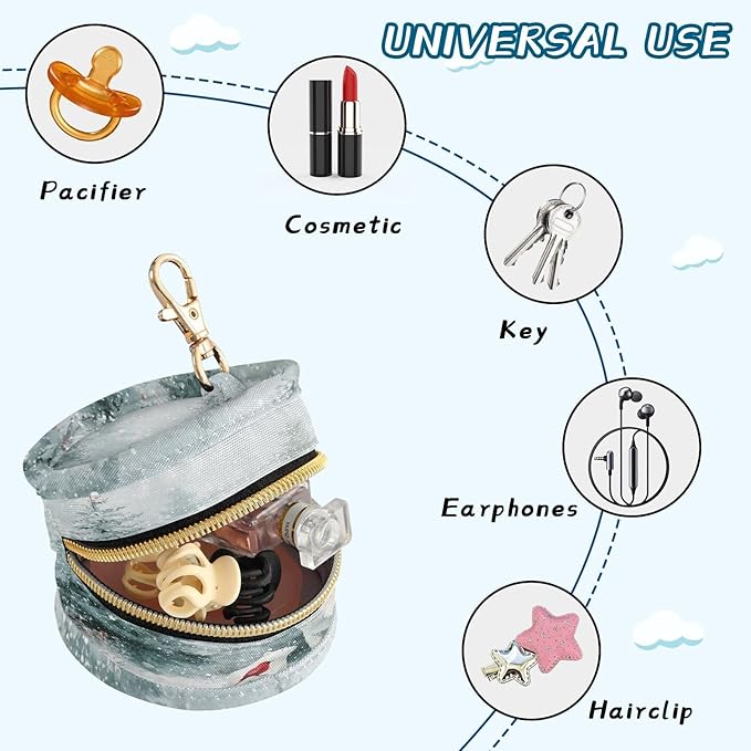Pacifier Holder with Clip Pacifier Case for Diaper Bag Round Baby Pacifier Pouch Box Bag Portable Winter Pine Forests Bears Birds