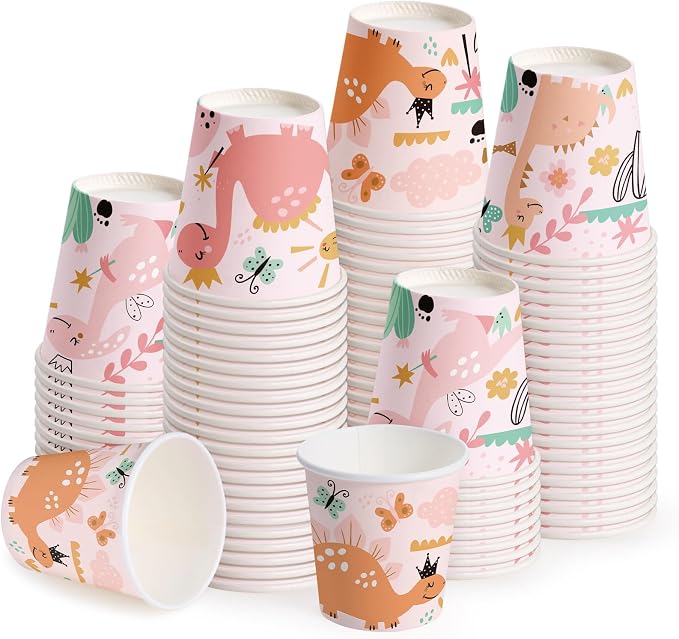 WRAPAHOLIC 3oz Dinosaur Birthday Paper Cups - 100 Pack Disposable Bathroom Cups with Baby Dinosaur 4 Design, Small Mouthwash Cup for Toothbrush Rinse, Home Bathroom and Baby Girl Shower