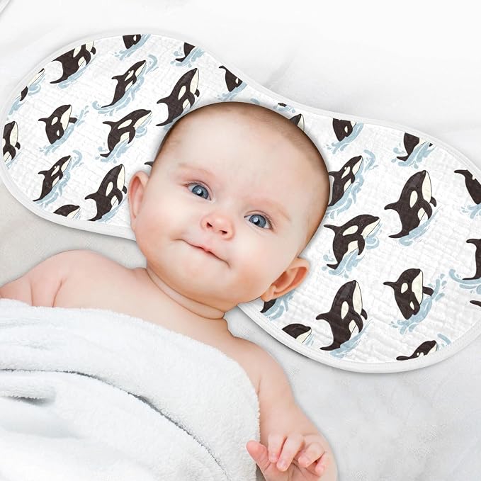Muslin Burp Cloths for Baby Boys and Girls - 4-Pack Ultra Absorbent Killer Whale Orca Muslin Washcloths, Newborn Towel, Milk Spit Up Rags, Burp Cloth Bib for Unisex, 22 x 11 Inch