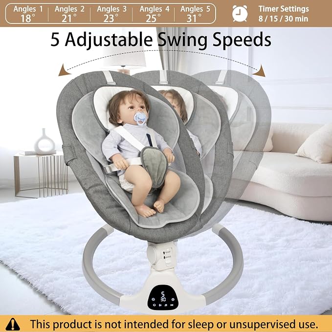 JFOVMCYG Electric Baby Swing for Infants 0-9 Months, Portable Infant Swing with 5 Swing Speeds, Bluetooth Audio, Remote Control, Washable Seat Cover, Gray, Up to 20 lbs