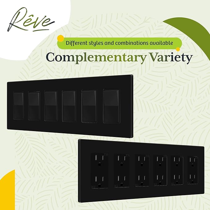 TG Screwless Decorator Wall Plate Child Safe Outlet Covers, Size 6-Gang 4.68" H x 12.00??L, Unbreakable Polycarbonate Thermoplastic, UL Listed, Glossy, Black (1 Pack)
