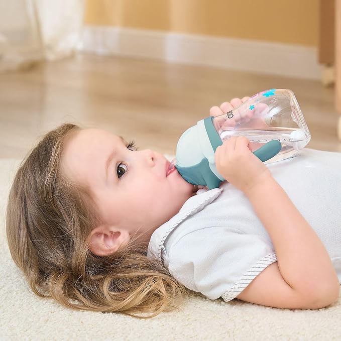 Oberni Toddler Sippy Cup, Tritan Baby Water Bottle With Non-Spill Valve Spout, Removable Handle and Carry Strap, 270ml/12m+/Blue/Pack of 3