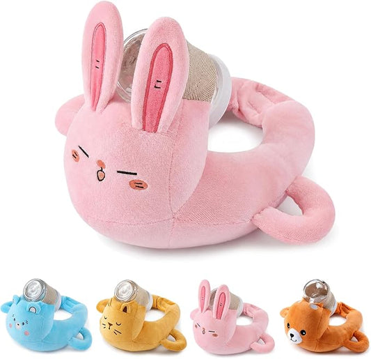 New Bottle Holder Pillow Plush for Self Feeding, Hands Free Feeding Nursing Assistant, Ergonomic Support Cushion, Soft Animal Cover Protector, Machine Washable (Pink Rabbit)