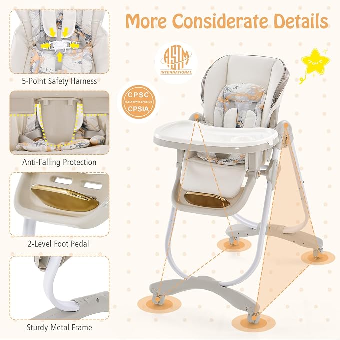 BABY JOY High Chair, Foldable Baby High Chair with Adjustable Height, Backrest & Footrest, Double Removable Tray, Portable High Chair with Wheels for Babies & Toddlers of 6-36 Months