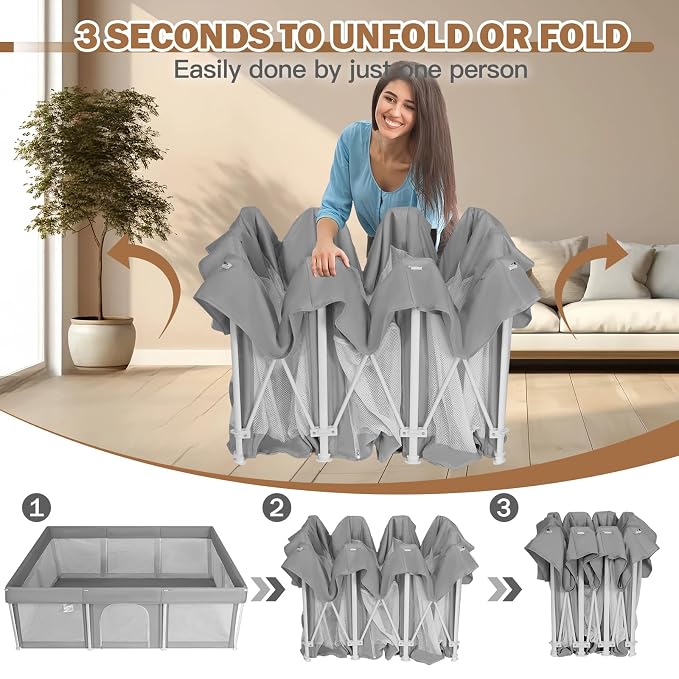 Foldable Large Baby Playpen 50"×71", Playard for Babies and Toddlers, Portable Safety Baby Fence Lightweight,No Installation, Indoor & Outdoor Play Yard with Ocean Balls*100, Grey