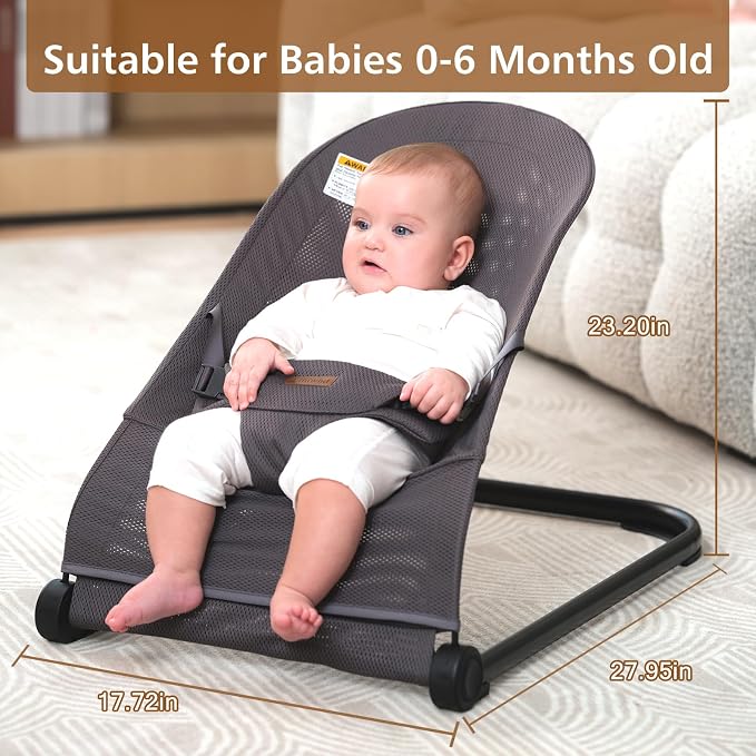 Baby Bouncer,Baby Bouncer Seat,Portable Infant Bouncer with 3-Point Safety Harness,Ergonomic Bouncy seat, Bouncer for Babies 0-6 Months up to 20lbs (Mesh Grey)