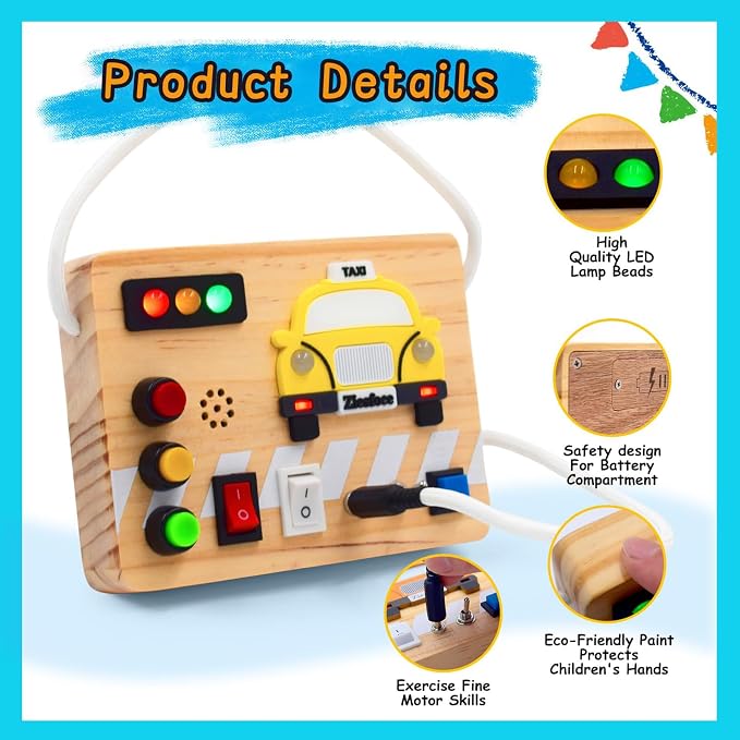 Montessori Busy Board Wooden Sensory Toys with LED Light Up Switch Travel Toys for 1+ Year Old Toddler Baby Boys Girls Gifts (Taxi Busy Board)