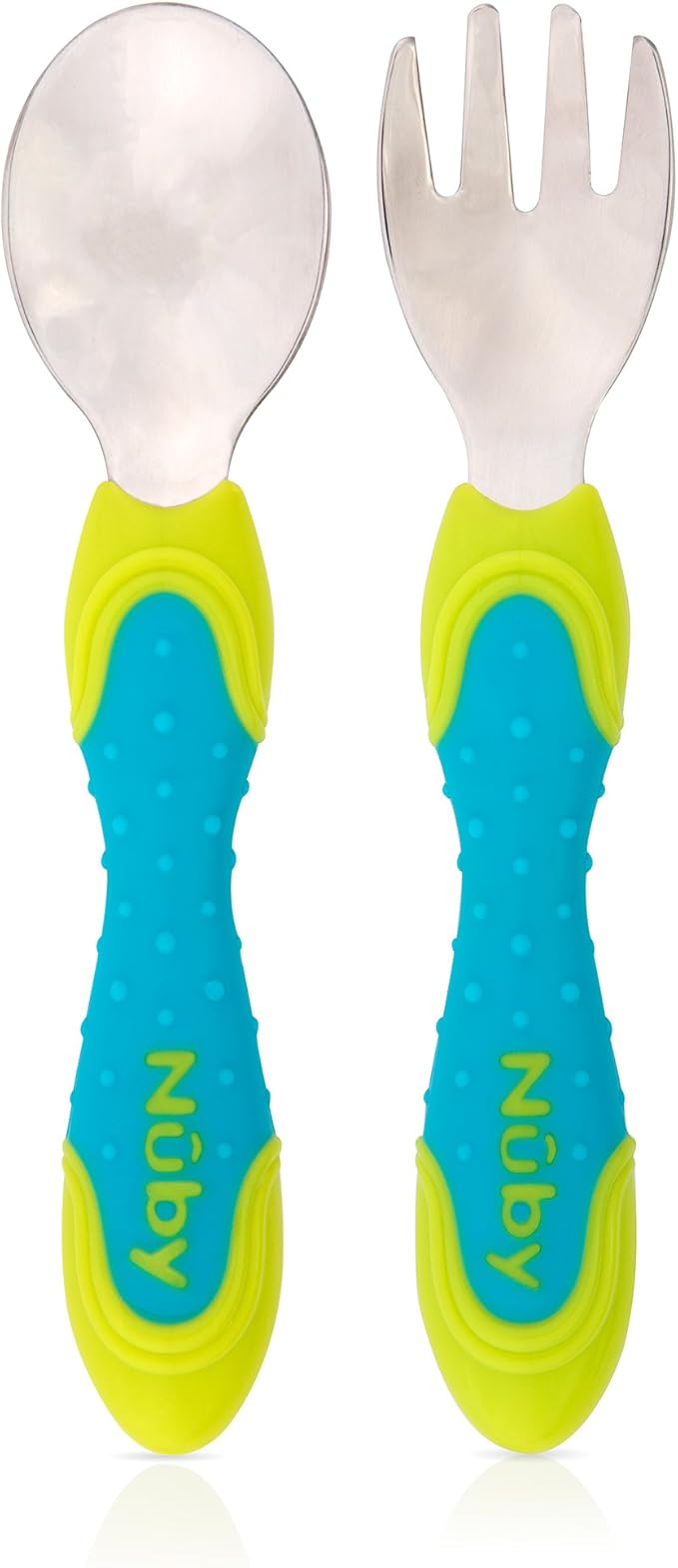 Nuby 2 Piece Stainless Steel Utensil, Blue/Green, 2 Count