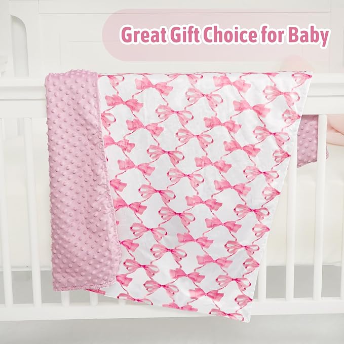 Baby Girl Blanket, Sotf Crib Swaddle Blanket, Dotted Backing, Reversible Bedding Soft Blanket for Newborn, Toddler Girls Boys Gift, 30 x 40 Inch, Pink Bow
