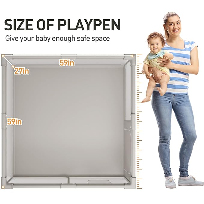 ZEEBABA Baby Playpen, Big Play Pen for Babies(59x59x27inch), Kids Safe Play Center for Babies and Toddlers, Baby Fence Gives Mommy a Break