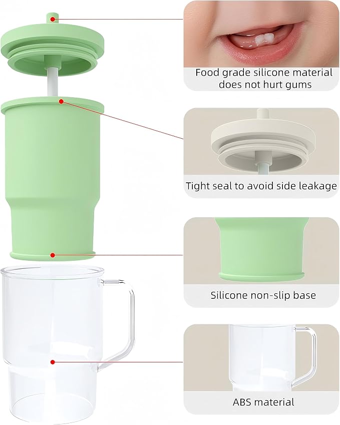Silicone Sippy Toddlers Cup with Handle & Reusable Silicone Straws for Kids ABS Baby Training Cup with Soft Spout Heat-Resistant, Leak-Proof, Sweat &Spill Proof, No Spill Flip-It 8.8oz (Green)