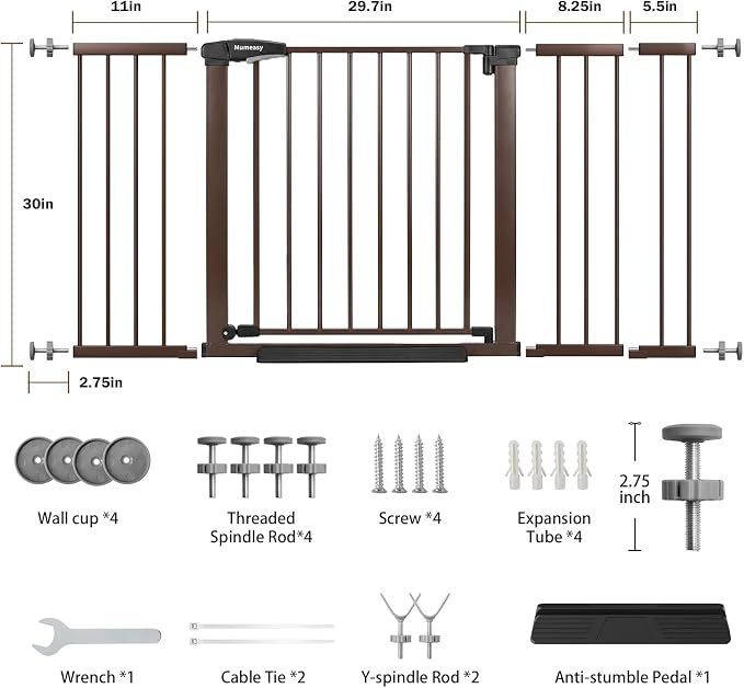 Mumeasy 29.7-57" Extra Wide Baby Gate, Auto Close Large Dog Gate for Doorways, No Drilling Pressure Mounted Pet Safety Gate for Stairs, Easy Walk Through Child Gate for Hallways, House, Indoor, Brown