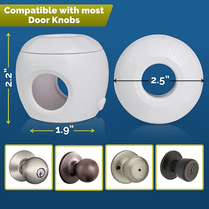Child Safety Door Knob Cover (4 Pack) Hard-to-Remove Dual-Lock Door Handle Covers for Kids - Reusable Baby Proof Door Knob Locks - Installs Easily, No Tools Needed (White)