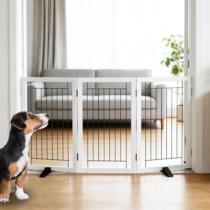 Dog Fence Indoor - 3-Panel Freestanding Dog Gate for Doorways, Hallways, House or Stairs -60x32-Inch Retractable Foldable Expandable Wood Pet by SFJC (White)