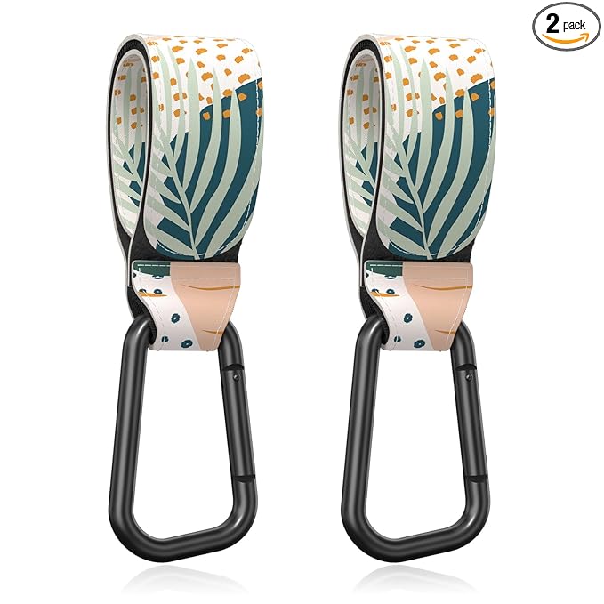 Baby Stroller Hooks for Hanging Bags, Universal Stroller Clips Accessories, Mommy Hook for Diaper Bag, Shopping Cart, Purse, Backpack - 2 Pack, Abstract Leaf