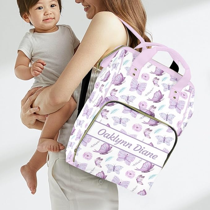 Custom Diaper Bag for Baby Girl Customized Butterfly Purple Baby Bag Personalized Nursing Bags with Name Custom Name Mommy Daypack Bag Tote Bag Gifts