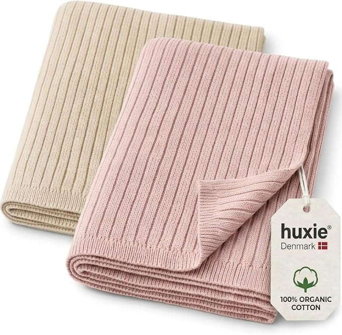 100% Organic Cotton Knit Receiving Baby Girl Blanket for Newborns - Soft, Breathable Swaddle Blanket for Crib & Stroller - Nursery Gift 2-Pack (Fog and Blush)
