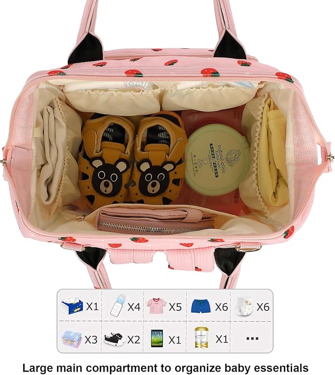 Corduroy Diaper Bag Backpack for Baby Girls Boys, Women Large Nappy Bags for Mom (Pink Corduroy Strawberry)