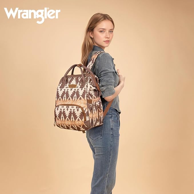 Montana West Wrangler Callie Diaper Bag Backpack with Pacifier Case, Crossbody Bottle Bag and Stroller Straps Western Pattern Multifunction Baby Travel Bag Set WG2215-9110BR