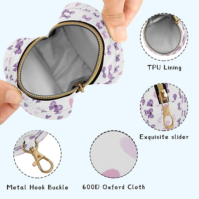 ATTX Purple Bows Pacifier Holder Case with Clip - Leakproof & Portable Storage for 2 Pacifiers (2.95" Diameter), Attaches to Diaper Bag, Stroller or Purse