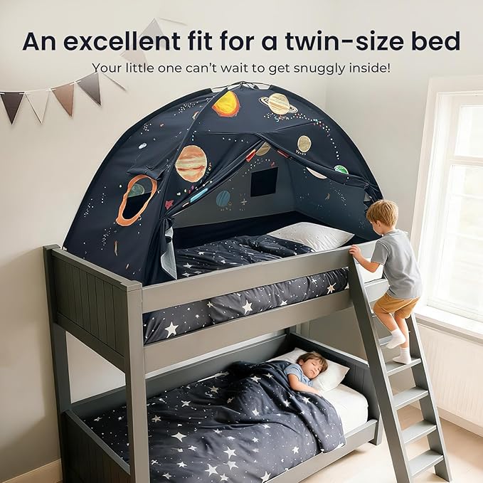 Tiny Land Space Galaxy Bed Tent for Kids ??Sleep Bed Canopy with 9 Planets Design, Easy-to-Install Indoor Kids Play Tent, Imaginative Playhouse, Ideal Gift for Boys & Girls ??77" x 40" x 46"