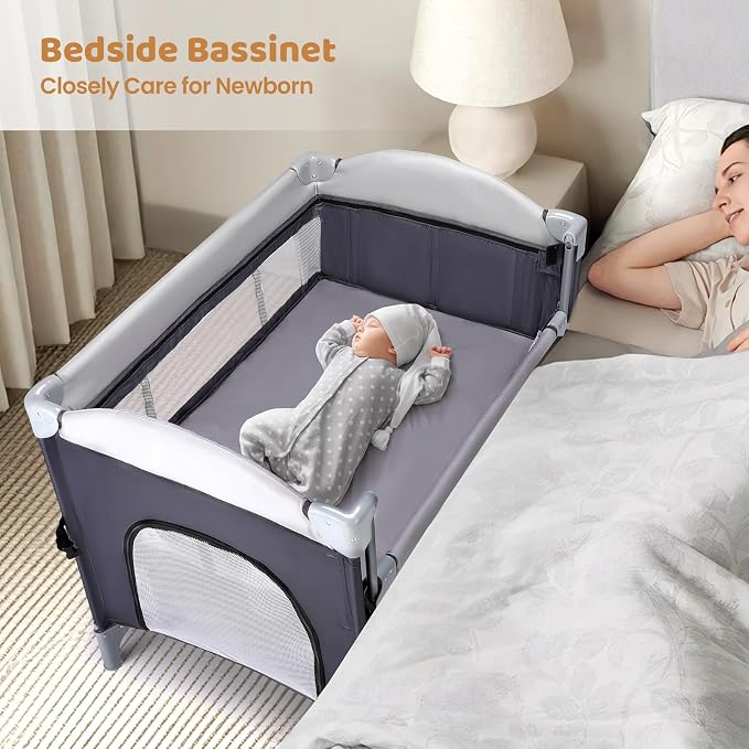 JOYMOR 5-in-1 Pack and Play with Bassinet and Changing Table, Lightweight Travel Crib, Foldable Baby Playard, Waterproof Changing Top, Carry Bag & Wheels