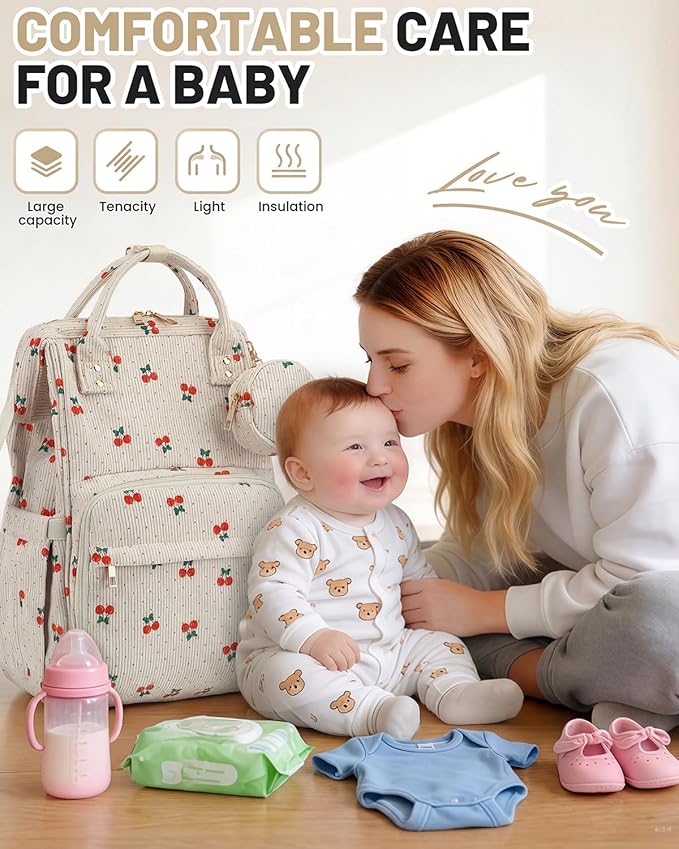 Corduroy Diaper Bag Backpack, Large Capacity Multifunction Baby Diaper Bags for Women, Insulated Bottle Pockets & Pacifier Case, Stylish Travel Nappy Changing Bags for Mom Dad (Cherry)