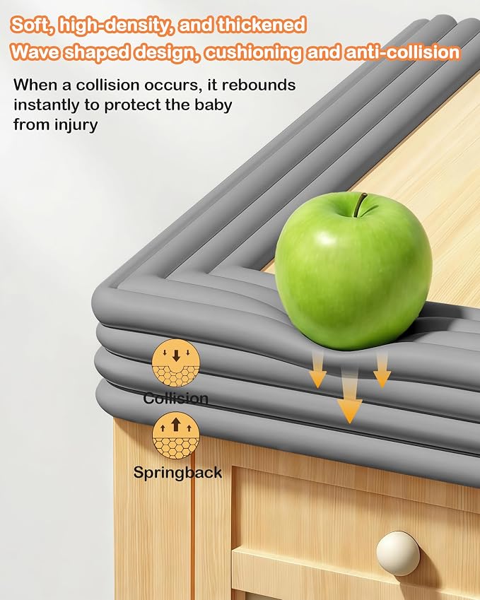 Corner Protector Baby, 16.5FT 0.4''Th W-Shape Edge Protector for Baby Proofing 4'' Wide Foam Fireplace Cushion Pre-Taped Safety Guard Bumper Pad for Furniture Wall Stair Door (Grey)