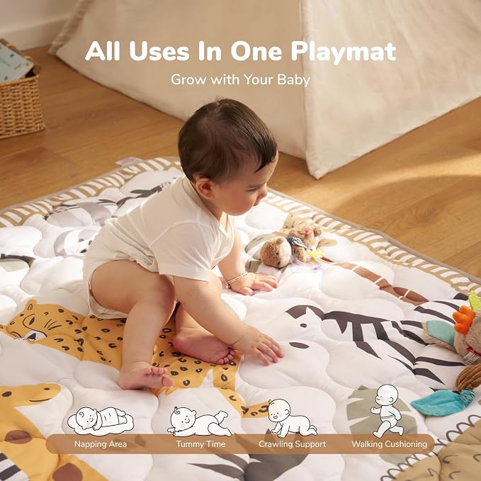 Momcozy Baby Play Mat for Floor, 50"x50" Thickened Playpen Mat, Playmate for Baby Tummy Time, Waterproof & Non-Slip, Foldable Outdoor Mat with Carrying Handle, Giraffe