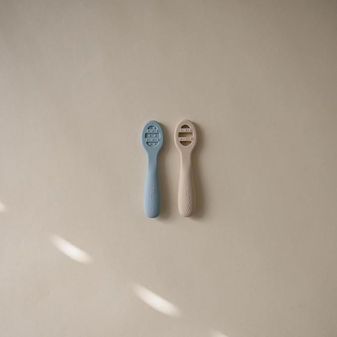 mushie Silicone First Feeding Baby Spoons | 2 Pack (Powder Blue/Shifting Sand)