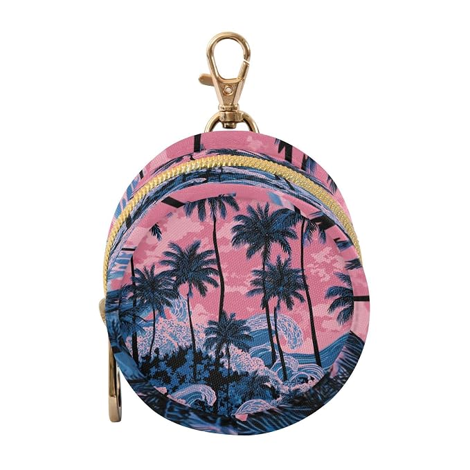 Pacifier Holder with Clip Pacifier Case for Diaper Bag Round Baby Pacifier Pouch Box Bag Portable Palm Tree Wave Pink