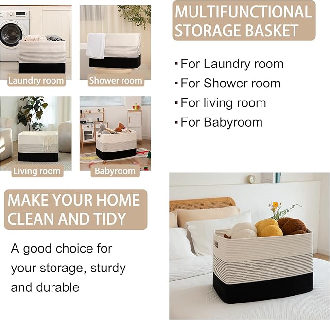 OIAHOMY 108L Large Cotton Rope Basket, Rectangle Woven Baskets for Storage, Nursery Blanket Storage Living Room, Toy Basket With Handle-25?�x16?�x16??Gradient Black