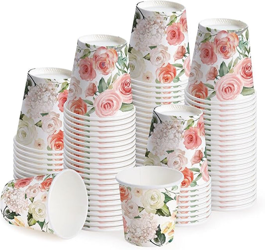 WRAPAHOLIC 3oz Flower Paper Cups - 100 Pack Disposable Bathroom Cups with Pink White Rose Floral Design, Small Mouthwash Cup for Toothbrush Rinse, Home Bathroom, Wedding and Mothers Day