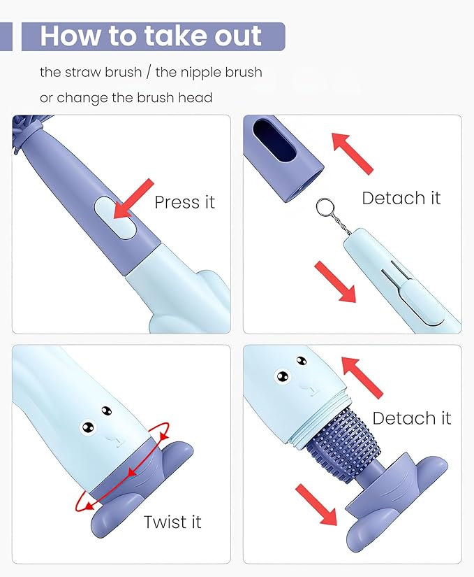 Ariseno 5-in-1 Baby Bottle Brush Set, Bottle Brush for Baby, Baby Bottle Scrubber, Including Silicone & Nylon Bottle Brush, Bottle Cap Brush, Straw Brush, Nipple Brush, BPA-Free (Blue)