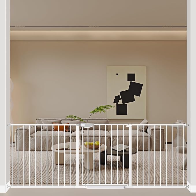 WAOWAO Triple Lock 77.17-84.65" Baby Gate Extra Wide Pressure Mounted Walk Through Swing Auto Close Safety White Metal Dog Pet Puppy for Stairs,Doorways,Kitchen