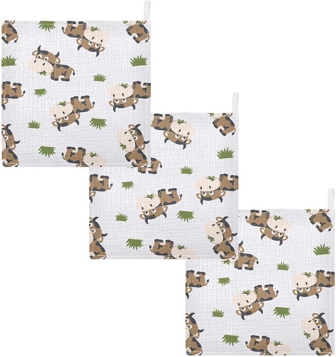 vvfelixl Cotton Brown Cow Grass Muslin Washcloths - Soft Baby Face Towel for Newborn Infants, 11.8 X 11.8 Inch, 5 Pack