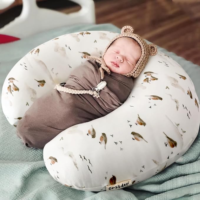 GRSSDER Nursing Pillow Cover, Stretchy Soft Minky Breast Feeding Pillow Covers, Fit Most Nursing Support Pillows for Breastfeeding, Comfortable Safe Pillow Cover, Lovely Birds