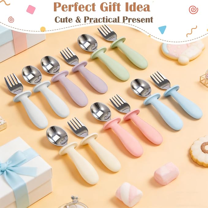 Personalized Toddler Utensils Set with Silicone Handle, Custom Name Stainless Steel Kids Silverware for Baby Led Weaning,Ideal for Showers & Birthdays (Gray Beige Blue)