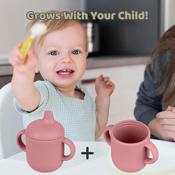 Silicone Baby Drinking Cups - Sippy Cups for 6-12 Months Toddlers - Pack of 2 Food Grade Training Cups with Lids & Grip Handle for Baby Led Weaning, 6 oz (Blush/Mauve)