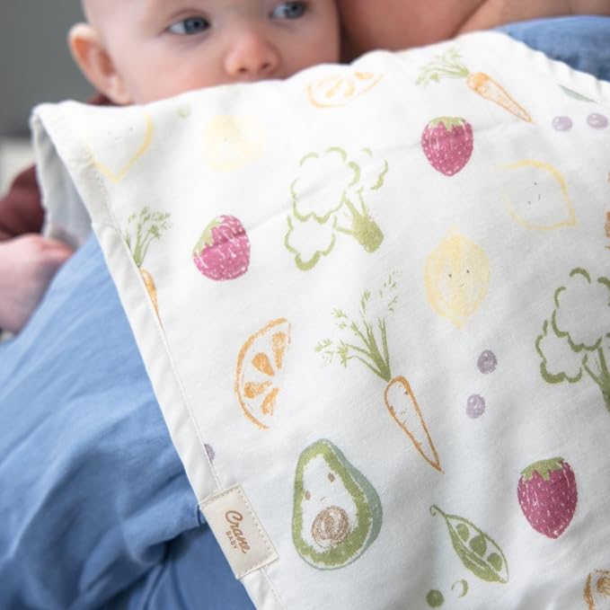 Crane Baby Clementine Cotton Muslin Burp Cloth Set of 3, Fruits & Veggie Print, Baby Boy & Girl Burp Cloths, Absorbent 100% Cotton Muslin & Terry Cloth, Soft Burping Cloths for Newborn