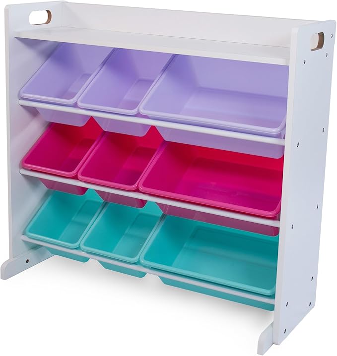 Humble Crew Toy Storage Organizer with 9 Removable Storage Bins for Kids Playroom, 3-Tier with Top Shelf Toddler Toy Organization, White/Pink/Purple/Aqua