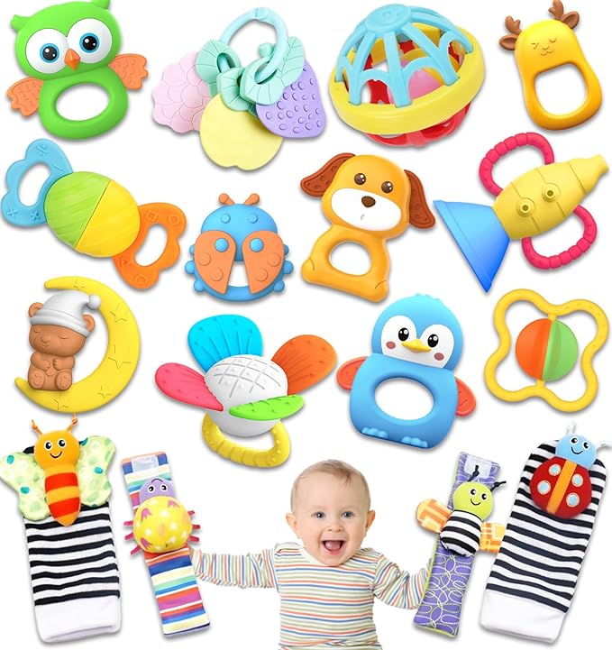 AZEN 16 Pack Baby Rattles Teething Toys 3-6 Months, Baby Toys 0-6 Months, Newborn Infant Toys 6-12 Months, Essentials Must Haves Wrist Socks Toddler Stocking Stuffers Christmas Gifts