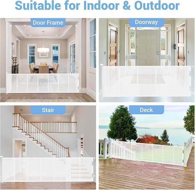 HAMOPY 120 Inch Reinforced Strip Extra Wide Retractable Baby Gate, 33" Tall, Prevent Crawling Through, Wide Extra Long Child Safety Gate for Indoor Baby Fence, Outdoor, Stairs, Deck(White)