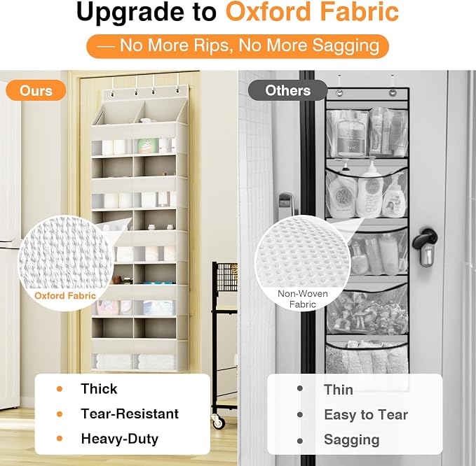 Over the Door Organizer 5 Tiers, Extra Large Behind Door Storage of 10 Big Front 10 Mesh Pockets, 80 lbs Door Organizer Hanging Heavy Duty Over the Door Storag for Closet Bedroom Nursery Pantry Beige