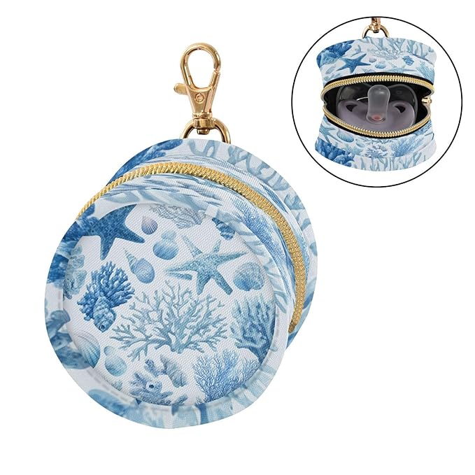 Pacifier Holder with Clip Pacifier Case for Diaper Bag Round Baby Pacifier Pouch Box Bag Portable Blue Starfish Corals Shellfish