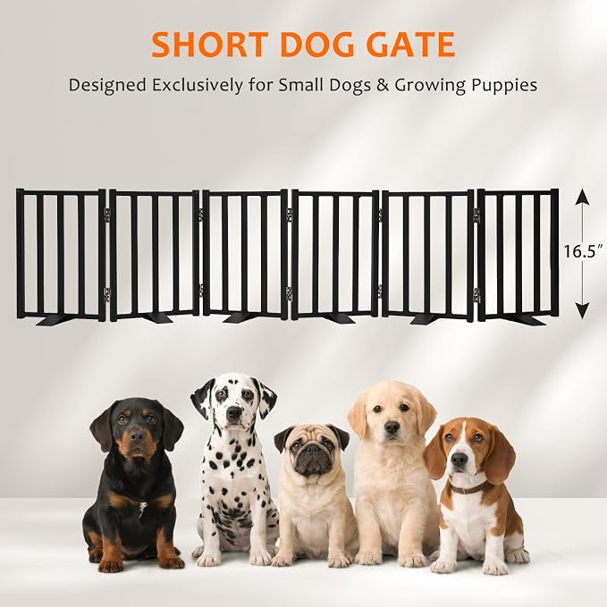 Snagle Paw Short Dog Gate,16.5" Tall Freestanding Metal Dog Gate Only for Small Dogs with Support Feet Easily Step Over,Up to 72" Wide Puppy Gate Indoor for Stairs,Doorways(Black,6 Panel)